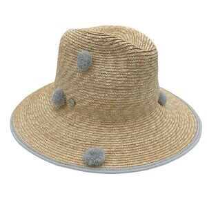NWOT Tracy Watts Brooklyn Tenerife Blue Pom Pom Straw Fedora Women's Hat S